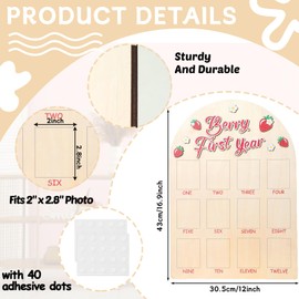 Berry First Year Photo Board Strawberry Birthday Party Decorations Wooden Board 12 Monthly Milestone Picture Frame One Year Old 1st Birthday Banner for Baby Girl Keepsake Gift Supply (Fit 2x2.8in Pic)