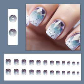 IFMOPETY Square Fake Nail，Purple Press On Nails Short, Purple Blue Glitter Gradient Design，Reusable Stick On Nails in 12 Sizes - 24 Nail Kit（Purple Elf）
