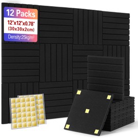 Kerlalu Soundproof Wall Panels with Double-Side Adhesive, Striped Upgraded Sound Proofing Panels for Walls,Sound Foam Panels for Home Office Recoding Studio (Black, 12 Pack, 12" X 12" X0.78")