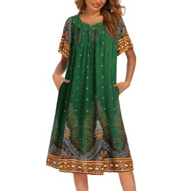Ekouaer Womens Nightgown Short Sleeve House Dress with Pockets-Floral Print Mumu Dress Green Feather, X-Large
