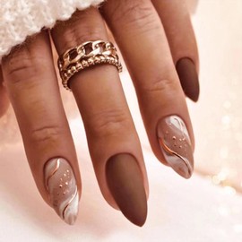 Almond Press on Nails with Marble Design Short Medium Fake Nails Glossy Brown Line False Nails Gel Glue on Nails Gold River Manicure Art Acrylic Nails Stick on Nails for Coquette Women Girls 24 Pcs