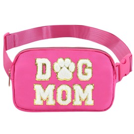 Fanny Packs Dog Mom Gifts for Women, Chenille Letter Dog Mom Nylon Crossbody Bags Birthday Mothers Day Gifts for Wife Dog Lovers Pet Owners, Rose Red Belt Bag Must Haves for Travel Running Walking