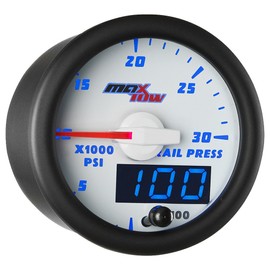 MaxTow Double Vision 30,000 PSI Fuel Rail Pressure Gauge - Compatible with Chevy Duramax 2002-2018 6.6L & Dodge Cummins Diesel 2003-2018 5.9L / 6.7L - White Gauge Face - Blue LED Dial - 2-1/16" 52mm