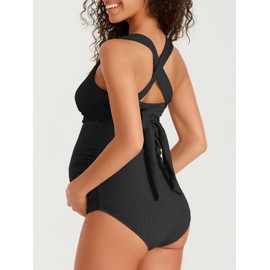 Summer Mae Maternity Swimsuit One Piece Tummy Control Suit V-Neck Pregnancy Swimwear Black 10