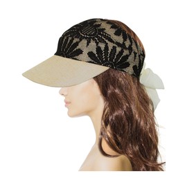 Dahlia Women's Summer Sun Hat - Fancy Lace Covered Visor with Ribbon Tie - Black