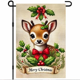 BlissYard Merry Christmas Garden Flag Cute Fawn Deer Flag Holly Berries 12x18 Inch Festive Animal Scene Double Sided Christmas Yard Decor Outdoor Banner For Porch Lawn Patio Seasonal Home Decoration