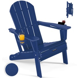 ABCPATIO Folding Adirondack Chair with Dual Cup Holders, All-Weather HDPE Patio Chair Deck Chairs Outdoor, Fire Pit Chairs for Garden, Lawn,Backyard, Pool, Navy (Wood Grain Finish)