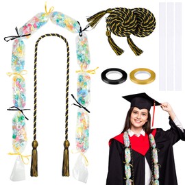 Teling 8 Pcs Graduation Leis Candy Graduation Candy Lei Kit Candy Lei Tubing Lei Making Kit 4.92 Feet Long PE Bag with 3 Pcs Honor Cord and 2 Rolls Ribbon for 2024 Party Supplies(Black, Gold)