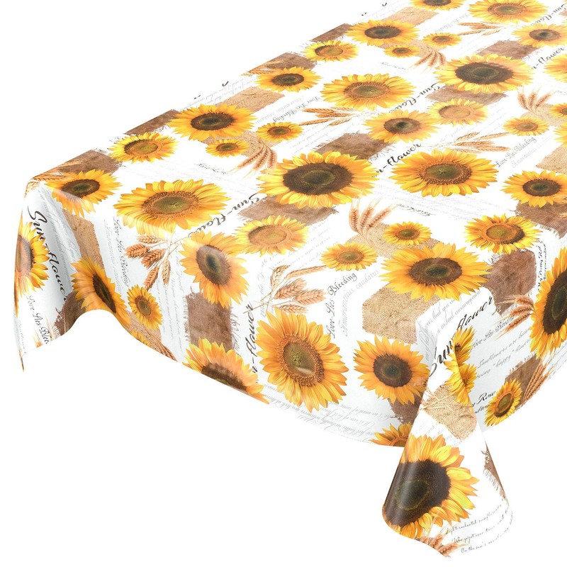 ANRO Oilcloth Tablecloth with Sunflowers and Summer Wheat Pattern in