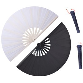 HONSHEN 2 Pack ABS Large Rave Clack Folding Hand Fan/Traditional Chinese Arts Folding Fans,complimentary exquisite fabric bags for　Party, Dance, Performance Decorations and Gifts (white+black)