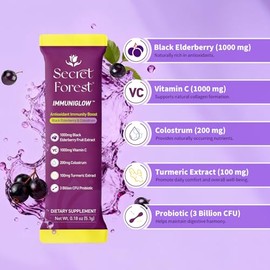 Secret Forest ImmuniGlow, 1000mg Vitamin C, 1000mg Black Elderberry, Probiotics, Colostrum, Turmeric & Zinc – Antioxidant & Recovery Formula, Daily Im