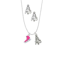 Delight Jewelry Silvertone 3-D Hot Pink Ice Skate Silvertone Zig Zag Christmas Tree Charm Necklace and Stud Earrings