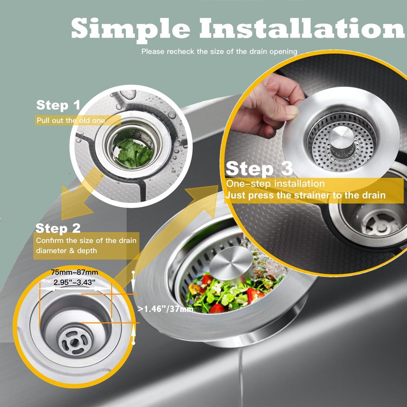 Kitchen Sink Drain Strainer 3 in 1, 304 Stainless Steel