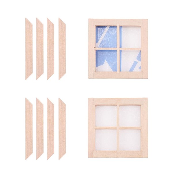 WANDIC Dollhouse Windows, 2 Pcs 4-Pane Unpainted Wooden Windows, 1:12 Scale Mini Window Frame for DIY Dollhouse or Model Town Accessory