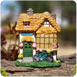 Vlyrofea Rustic Thatched Flower Shop Resin Cottage – Fairy House Garden Statues Outdoor, Solar-Powered Warm Lights,Weatherproof, Spring Vines & Bicycle Décor,Perfect Home Gifts for Mom Wife Grandma