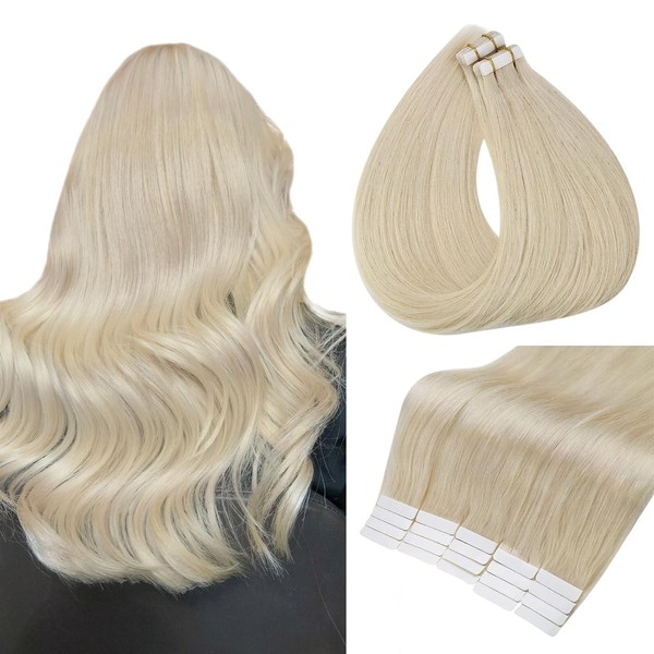 Full Shine Human Hair Tape in Extensions 60 Platinum Blonde Tape in Hair Extensions Skin Weft Tape in Extensions Glue in Hair Extensions for Women Double Sided Tape 16 Inch