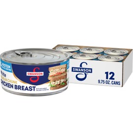 Swanson White Premium Chunk Chicken Breast with Rib Meat in Water, 9.75 oz. Can (Pack of 12)