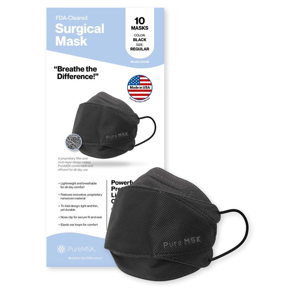 PURE-MSK Trifold Disposable Mask - Made in the USA - Light Weight Easy Breathing Material - Adult Size - 10 Pack - Black