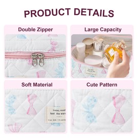 GISMTR Makeup Bag, Quilted Bow Cosmetic Bag, Large Travel Aesthetic Make up Bag, Cute Coquette Toiletry Pouch for Women Girls