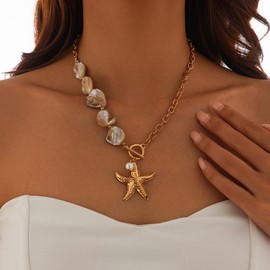 Mermaid Pearl Starfish Link Chain Choker Necklace for Women Gold Plated Hypoallergenic Bohemian Irregular Faux Pearl OT Buckle Necklaces Fashion Holiday Summer Beach Accessories Y2K Jewelry Gifts