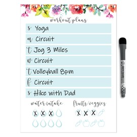 Dry Erase Whiteboard Fitness & Wellness Planner by Glassboard Studio | Removable & Reusable | Magnetic Fine-Tip Marker Included (9 x 12 inches, Floral)