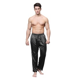 Tony & Candice Men's Satin Pajama Pants Long PJ Bottoms (Medium, Black)