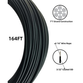 164FT Black Vinyl Coated Wire Rope,304 Stainless Steel Rope - 7x7 Strand Core,1/16" Wire Rope, 3/32" Coated OD for Railing, Decking, and Outdoor Lighting