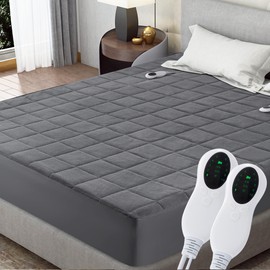 Heated Mattress Pad Full Size Quilted Zone Heating Electric Bed Warmer Comfort Heat Mattress Pad Cover Dual Controller（10 Heat Setting |2-8 Hour Automatic Timer |Machine Washable） Gray