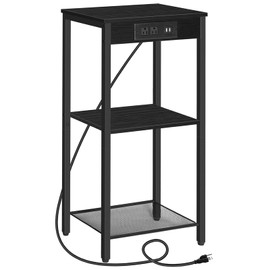 HOOBRO Tall End Table with Charging Station, 29.7 Inch Small Tall Side Table, 3-Tier Telephone Table, Small Entryway Table, High Nightstand for Living Room, Bedroom, Hallway, Black BB09UDH01