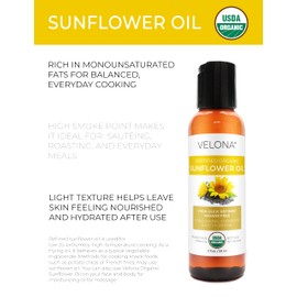 velona USDA Certified Organic Sunflower Oil - 2 Fl Oz | 100% Pure and Natural Carrier Oil | High Oleic, Refined| Cooking, Skin, Hair, Body & Face Moisturizing