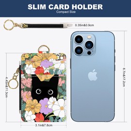 DATOUCAT Slim Wallet Credit Card Holder, Flower Bushes And Cats, RFID Wallet Women Cute Small Front Pocket Wallet With Zipper, PU Leather Thin travel RFID Blocking Card Case ID Window,Ladies Gifts
