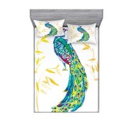 Ambesonne Peacock Fitted Sheet & Pillow Sham Set, Digital Watercolor Paint Creature Female Animal Large Tail Eyespots Image, Decorative Printed 3 Piece Bedding Decor Set, Full, Orange Teal Yellow