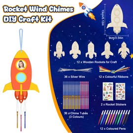 110 Pcs Wind Chimes Crafts for Kids with 12 Pcs Wooden Rocket, DIY Wooden Wind Chimes Arts and Crafts, Windchimes for Garden Hanging Decorations Spring Crafts for Kids Space Themed Party Decorations