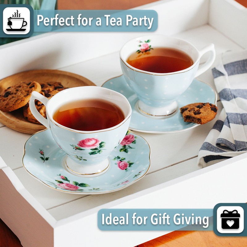 BTaT- Floral Tea Cups and Saucers, Set of 2, 8oz,