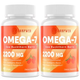 Omega-7 Sea Buckthorn Oil - with Omega-3 EPA/DHA Fish Oil, Cinnamomum, Fenugreek, ALA, Green Tea, Cayenne Pepper, Turmeric, Resveratrol, Black Pepper - Non-GMO, Gluten-Free, 2Pack