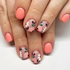 Pink Press on Nails Short Square Fake Nails with Floral Designs Pink Full Cover Glue on Nails Glossy False Nails Press ons Acryli Cartificial Stick on Nails for Women 24 Pcs