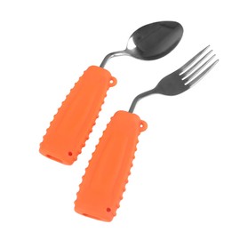 Ehucon Adaptive Utensils for Hand Tremors,Weighted Utensils with Non-Slip Handle to Easy Grip for Elderly Use(Left Hand 1 pc Fork+1 pc Spoon=2 pcs,Orange)