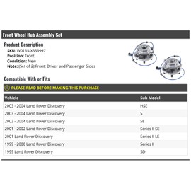Front Wheel Bearing Hub Assembly Set of 2 - Compatible with 1999-2004 Land Rover Discovery
