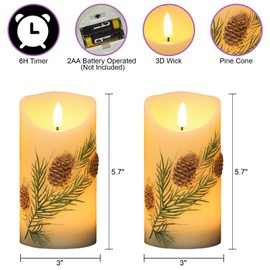 DRomance Pinecone Flameless Flickering Candles Battery Operated with 6H Timer 3D Wick LED Pillar Candles Real Wax Hand-Painted Dinner Holiday Christmas Indoor Decoration(2 Pack, 3" D x 5.7" H)