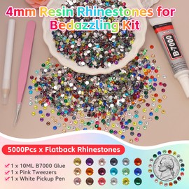 5000Pcs 4mm Rhinestones Bedazzling Kit with Tools, Colorful Resin Rhinestones for Bedazzling, Flatback Resin Gems for Crafts, Bedazzler Kit for Clothing Shoes DIY Face Makeup Tumblers