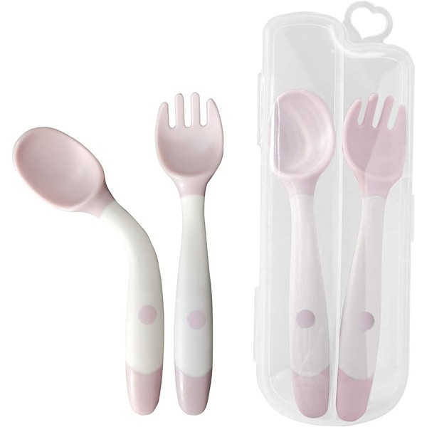 Baby Fork and Spoon Set, 360°Bendable Self Feeding Utensil Raise Learning Cutlery Kit Soft Tableware Gift with Carry Case BPA-Free for Infant Toddler Children Kids First Led Training (1 Pair) (Pink)