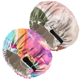 Cabreche 2 PCS Bonnets for Women Girls Satin Hair Bonnet Double Layer Silk Adjustable Elastic Sleep Cap Cute Aesthetic-Pink Cloud