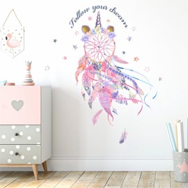 Gorgeous Pink Dream Catcher Colorful Feathers Stars Wall Stickers, sacinora Plume Art Wall Decals Removable Vinyl Peel and Stick for Kids Baby Girl Nursery Bedroom Living Room Decoration