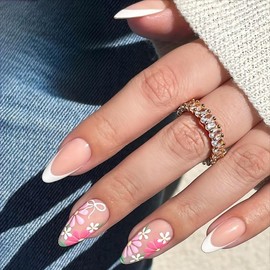 Flower Press on Nails Medium Almond Fake Nails White French False Nails Cute Florals Glossy Full Cover Acrylic Nails Summer Glue on Nails Artificial Stick on Nails for Women Manicure 24 Pcs