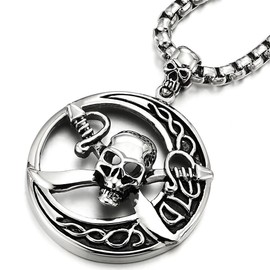 COOLSTEELANDBEYOND Stainless Steel Large Circle Pirate Skull Pendant Necklace for Men, 30 in Chain, Gothic Tribal