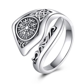 POPLYKE Sterling Silver Viking Compass Vegivisir Spoon Ring Vintage Norse Thumb Rings Boho Adjustable Open Pirate Ring Jewelry Gifts for Women Men