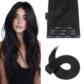 Silk-co Clip in Hair Extensions Real Human Hair Remy Double Weft With Lace Coverd Clip in Silky Straight Natural Thick Hair Seamless 7pcs 16Clips 130g Extension for Women 22Inch #01 Jet Black