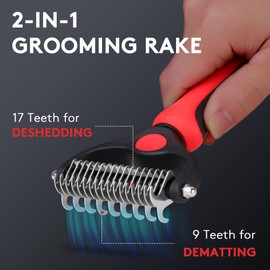 Tpotato Deshedding Pet Brush for Long Haired Dogs Cats,Undercoat Shedding Rake for Dematting Detangling Tangles Matted Fur and Knots,Free Pet Comb,Professional Pet Grooming Supplies Tool Kit,Red