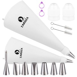 TAKUZA Spritzbeutel Set 15 Stück, Spritzbeutel Mit tüllen Profi, Spritzbeutel Wiederverwendbar, 2 Baumwolle Spritztüte 30 und 35 cm, mit 7 Große Spritztüllen, für Kuchen, Torten, Keksen-Dekoration.