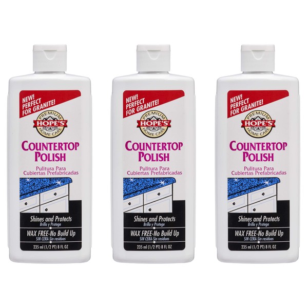 HOPE'S Countertop Restoration Polish, Streak-Free Kitchen Counter Cleaner, No Buildup Countertop Cleaner, Quartz, Marble, Corian, Composite, and Granite Cleaner and Polish, 8 Fl Oz, Pack of 3